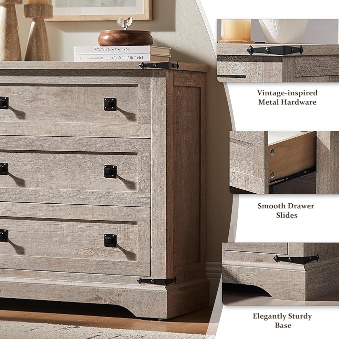 T4TREAM 32" Farmhouse Nightstand with Charging Station, Large End Table with 3 Storage Drawers, Rustic Wood Bedside Table for Bedroom, Living Room, Light Rustic Oak