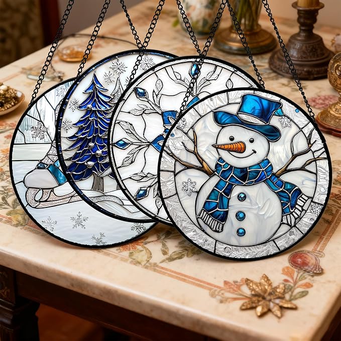 Stained Glass Window Hanging 4 Pcs Set White Winter Christmas Snow Scene Large 11.8" - Suncatcher Door Garden Sun Catcher Decor Birthday for Mom Woman Nana Men Friend Wife
