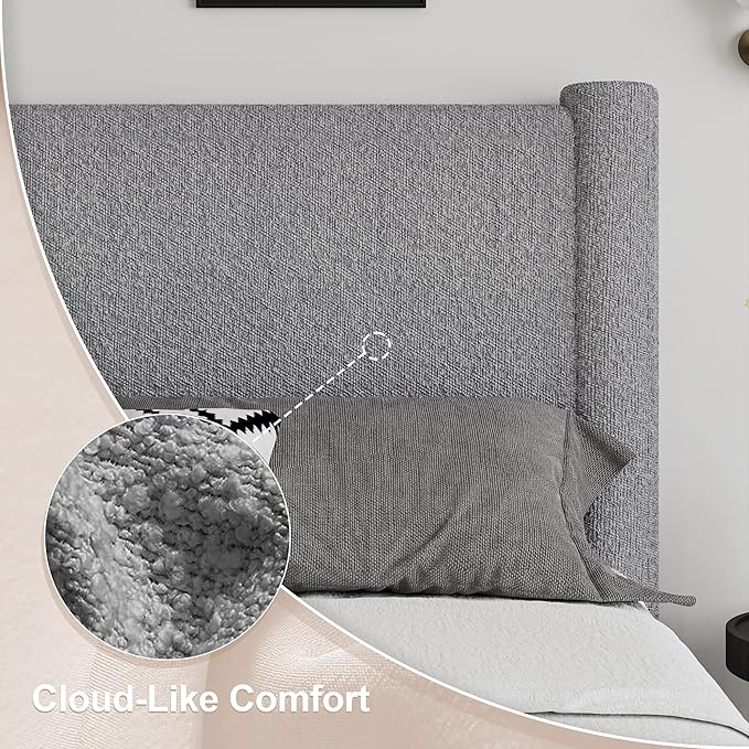 King Size Bed Frame, Boucle Upholstered Platform Bed with Headboard and Footboard, Soft Rounded Corners, No Box Spring Required, Easy Assembly, Light Grey