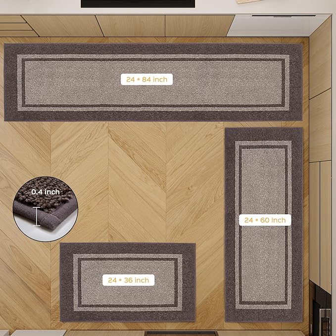 Kitchen Rugs Set (24" x 36"+24" x 60"), Non-Slip Machine Washable Kitchen Runner Rugs Floor Mats, Absorbent Comfort Standing Mats for Kitchen, Sink and Hallway, Rolled Packaging, Beige & Grayish Brown