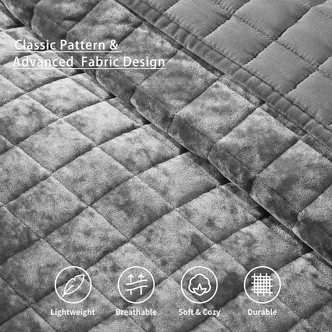 LEAONME Velvet Quilt Full/Queen Size-90''x98'', Lightweight Grey Velvet Comforter Set with 2 Pillow Shams, Soft Bedspread Coverlet Quilted Bedding Set for All Season