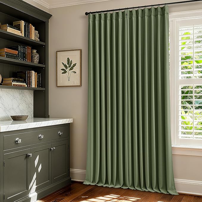 Pleated Blackout Olive Green Curtains 96 Inches Long 2 Panels Set for Bedroom Living Room Darkening Linen Blend Back Tab Pinch Pleat Memory Shape with Liner Soundproof 96 Inch Window Curtains