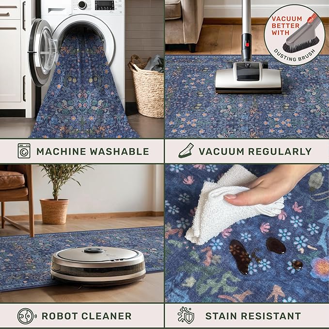 Non Slip 2x6 Dark Blue Kitchen Runner Rug - Long Runner Rugs 24 x 72 Washable Hallway Floor Mat, Bedroom Laundry Room Bathroom Runner - Dusky Navy Vintage Floral Design Décor
