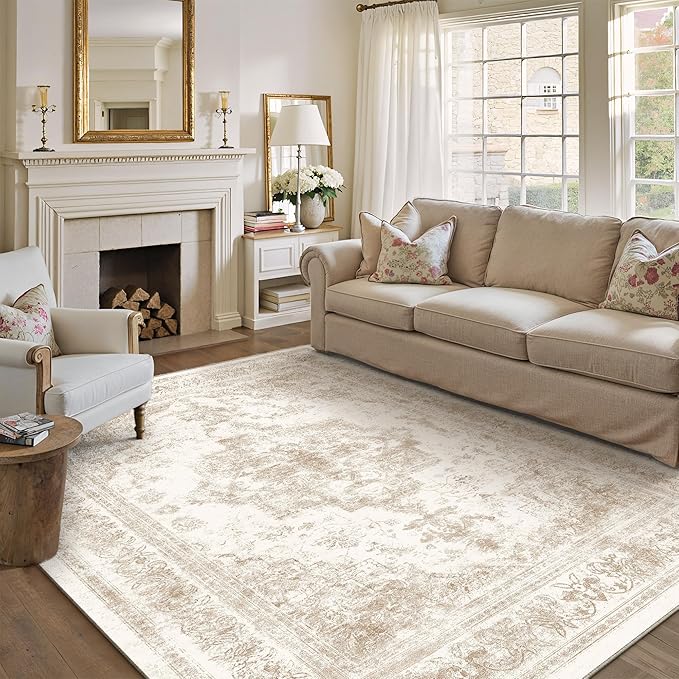 Area Rug 9x12 Cream Washable Living Room Beige Carpet Non Slip Vintage Medallion Indoor Bedroom Beige Carpet Low Pile Soft Retro Distressed Large Rug Home Office Dining Room Playroom
