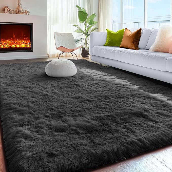 PAGISOFE Fluffy Shaggy Washable Area Rug for Living Room 5x8 Ft,Soft Fuzzy Rugs for Bedroom Shagg Carpet for Kids Girls Boys Dorm Room Furry Rugs for Nursery Playroom Fluffy Toddler Room Rug Black