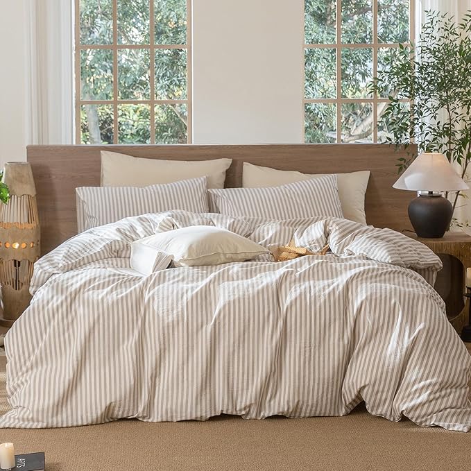 MooMee Striped Duvet Cover Set 100% Washed Cotton Linen Like Textured Breathable Durable Soft Comfy (Tannish Linen Grey White Classic Stripes, Twin 68"x90")