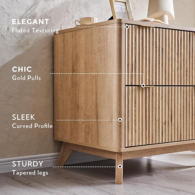 T4TREAM Modern Fluted Wood Night Stand, 30" Tall Bedside Table with 2 Drawers & Large Tabletop, Side Tables Bedroom, End Table for Living Room, Natural Oak