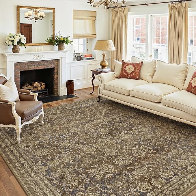 6x9 Vintage Area Rug Brown Washable Living Room Large Non Slip Carpet Bedroom Indoor Office Low Pile Traditional Distressed Retro Floral Accent Rug for Dining Room Kitchen