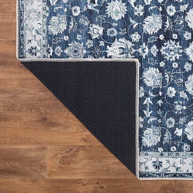 Bloom Rugs Washable Non-Slip 5' x 7' Rug - Dark Blue Traditional Bordered Area Rug for Living Room, Bedroom, Dining Room, and Kitchen - Exact Size: 5' x 7'