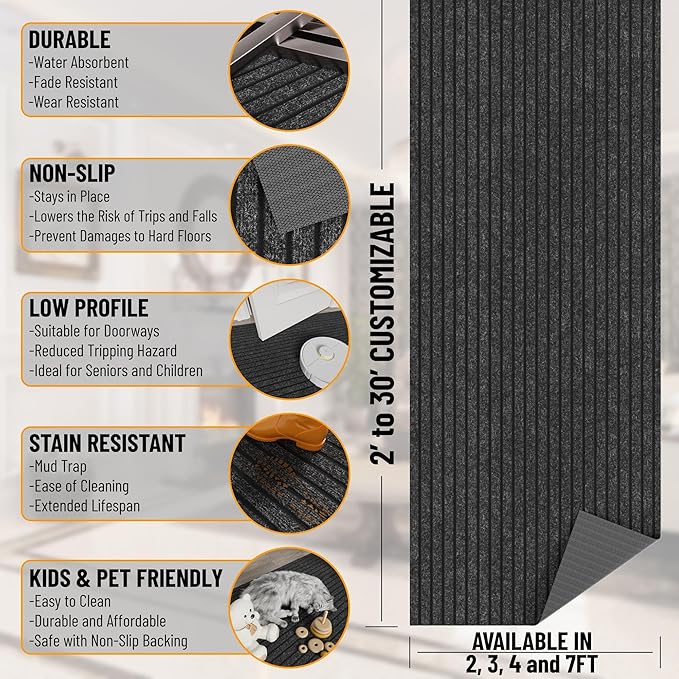 Ottomanson 2' x 40' Hallway Runner with Scraper Pile Extra Durable Non-Slip Rug Mat for Indoor & Outdoor Use - Ideal for Kitchen, Entryway, Patio & Garage - High-Traffic Carpet, Black