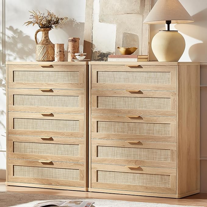 LEYAOYAO Rattan Dresser for Bedroom Set 2, 41" Tall Chest of Drawers, Modern 5 Drawers Boho Dressers with Storage, Light Oak Dresser Wooden Closet Organizer for Living Room, Hallway, Natural Wood