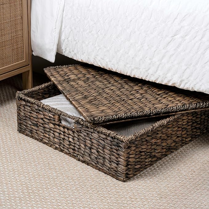 happimess BSK2015B Holden 30" Classic Costal Hand-Woven Hyacinth Wicker Under Bed Storage Basket with for Storage and Decoration in Bathroom, Bedroom, Closet, Entryway, Brown