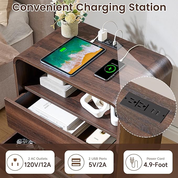Walnut Curved Nightstand Set of 2 with Charging Station, 23.2" Wide Wood Bedside Table 2 Storage Drawers, Modern Side Table Handleless, Large End Table Night Stand for Bedroom