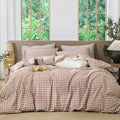MooMee Gingham Duvet Cover Set 100% Washed Cotton Linen Like Textured Breathable Durable Soft Comfy Modern Checkered Design (Dark Orange Gingham, Full 80"x90")