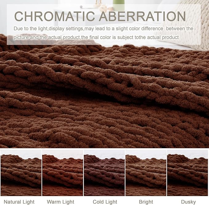 Chunky Knit Throw Blanket 50"X 60", 100% Handmade with Soft Chenille Yarn, 4.4lbs Thick Cable Knitted Blankets, Large Rope Knot Crochet Throws for Couch Sofa Bed Home Decor, Dark Brown