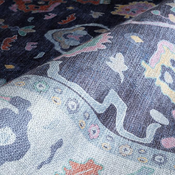 Fame Rugs Navy Blue Modern Oushak Rug 9x12, Vintage Turkish Colorful Oriental Washable Antique Inspired Oversize Area Rugs, Luxury Living Room Bedroom (386PBL, 9' x 12) (388NB, 9' x 12)