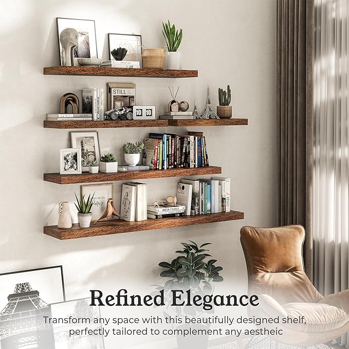 Floating Shelves for Wall, 9.3" Deep Wall Mounted Rustic Wood Shelves for Bathroom, Bedroom, Living Room, Kitchen, Hanging Shelf for Books/Storage/Room Decor (Brown, 30")