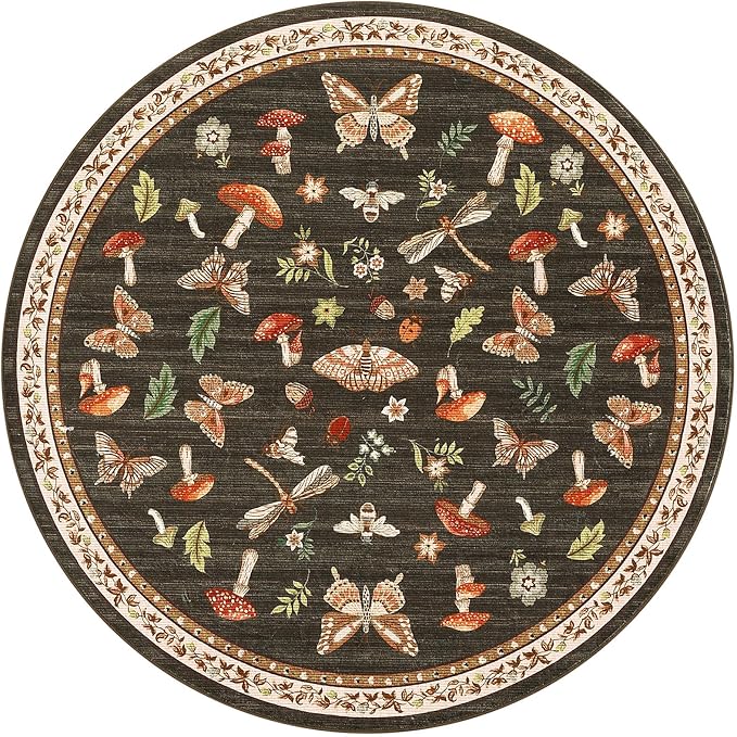 Mushroom Insect 4ft Round Rug Washable Non-Slip Soft Ultra-Thin Small Boho Circle Carpet for Entryway Kitchen Bedroom Nursery Dining Room Brown