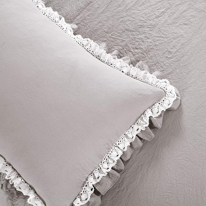 Lush Decor Ella Ruffle Lace Comforter, 3 Piece Set, Full/Queen, Light Gray - Cute Comforter - Queen Bedding Set - Gray Bedding Full Size - Coquette Decor - Ruffle Trim - Lace Trim