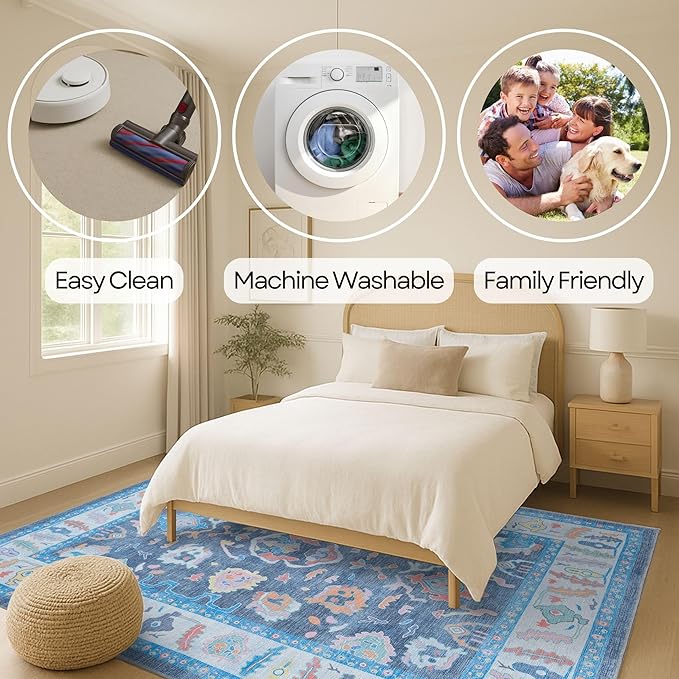 Fame Rugs Blue Modern Oushak Rug 2'6"x10, Vintage Turkish Colorful Oriental Antique Inspired Foldable Long Washable Runner Rugs, Luxury Living Room Bedroom (387BNB, 2'6" x 10')