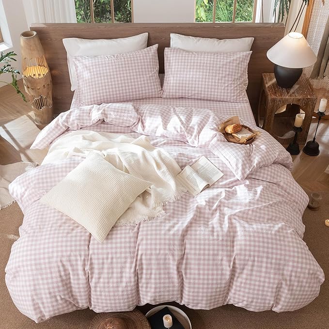 MooMee Gingham Duvet Cover Set 100% Washed Cotton Linen Like Textured Breathable Durable Soft Comfy Modern Checkered Design (Classic Gingham Greyish Pink, Cal King 104"x98")