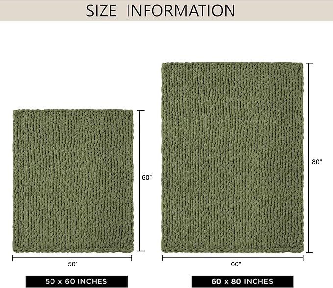 Chunky Knit Throw Blanket 60"X 80", 100% Handmade with Soft Chenille Yarn, 6.7lbs Thick Cable Knitted Blankets, Large Rope Knot Crochet Throws for Couch Sofa Bed Home Decor, Olive Green