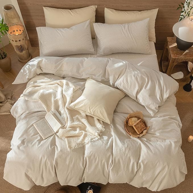 MooMee Striped Duvet Cover Set 100% Washed Cotton Linen Like Textured Breathable Durable Soft Comfy (Tannish Linen Grey White Pinstripes, King 104"x90")