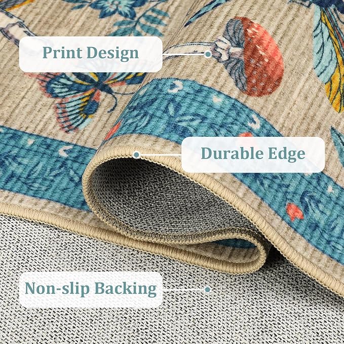 Mushroom Insect 2x6 Runner Rug for Hallway Washable Kitchen Rugs Non Slip with Rubber Back Khaki Blue Low-Pile Stain Resistant Indoor Carpet for Entryway Bathroom Laundry Dorm