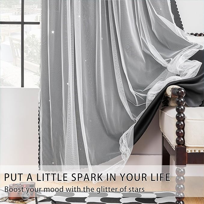 XiDi Black 63x34in Curtain for Bedroom, Girls Room Decor, Living Room, 1 Panel, Blackout Curtains with Laser Cutout Stars, Grommet Top, Washable