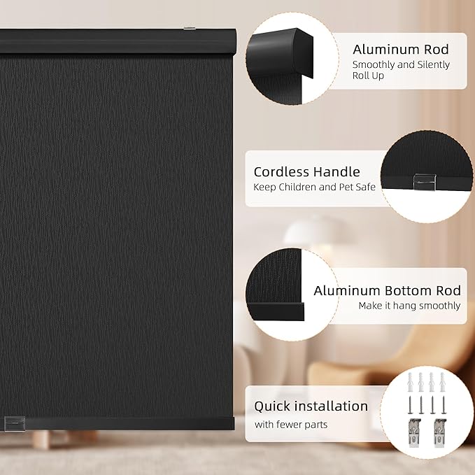 ChrisDowa Cordless Blackout Roller Shades for Windows, Striped Free-Stop Window Blinds with Privacy, Thermal Insulated Window Shades for Home, Office and Door. Black, 49" W x 72" H