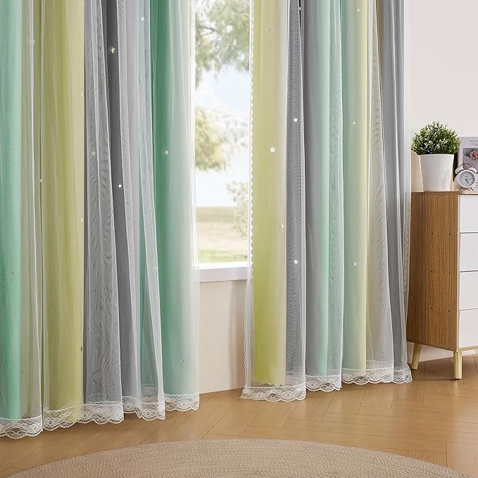 XiDi Curtains for Bedroom Decor, Rainbow GreenYellowGrey34/54/1