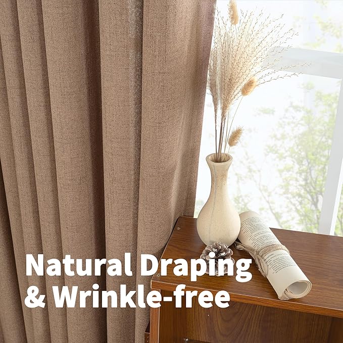 YoungsTex Mocha Brown Linen Curtains 95 Inch Length for Living Room, Light Filtering Drapes with Grommet Semi Sheer Floor Length for Dining Bedroom Window, 2 Panels, 52 X 95 Inch