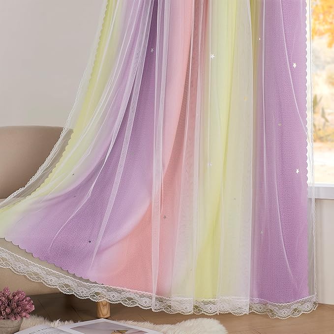 XiDi Pink Curtains for Bedroom Decor Blackout Curtains for Girl Room Rainbow Curtains for Kids Room Unicorn Wall Decals Purple Curtains Yellow 52X72 Inch Long 1 Panel