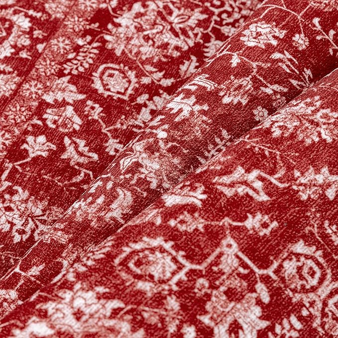 Christmas Area Rug 3x5 Red Washable Office Carpet Holiday Door Mat Vintage Low Pile Distressed Retro Floral Throw Non Slip Soft Decorative Xmas Rug for Entryway Kitchen Bedroom Bathroom