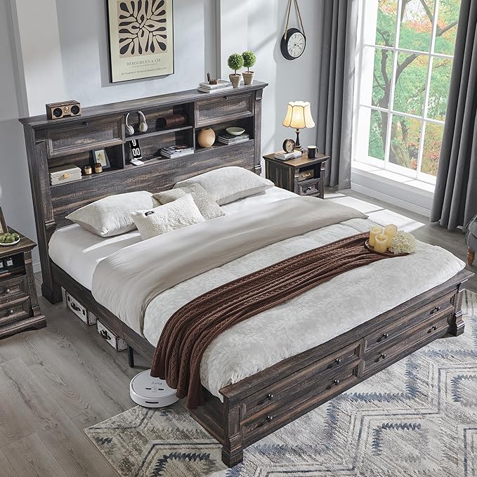 Farmhouse King Size Bed Frame with 54" Tall Headboard, Headboard with 4 Storage Rack, 2 Drawers, 18" Roman Column Decoration Footboard, Wood Platform Bed Frame, No Box Spring Needed(Dark Rustic Oak)