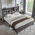 Farmhouse King Size Bed Frame with 54" Tall Storage Bookcase Headboard, Wood Platform Bed Frame with 18" Tall Roman Column Decoration Footboard & 2 Drawers, No Box Spring Needed(Dark Rustic Oak)