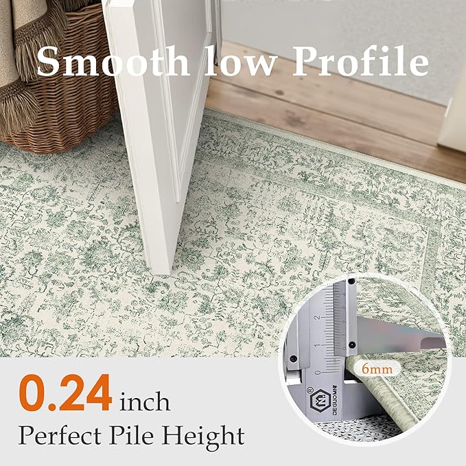 Sage Green Area Rug 5x8 Living Room Washable Carpet Vintage Distressed Non Slip Kitchen Carpet Neutral Low Pile Retro Floral Farmhouse Throw Rug for Home Office Bedroom Laundry Dining Room