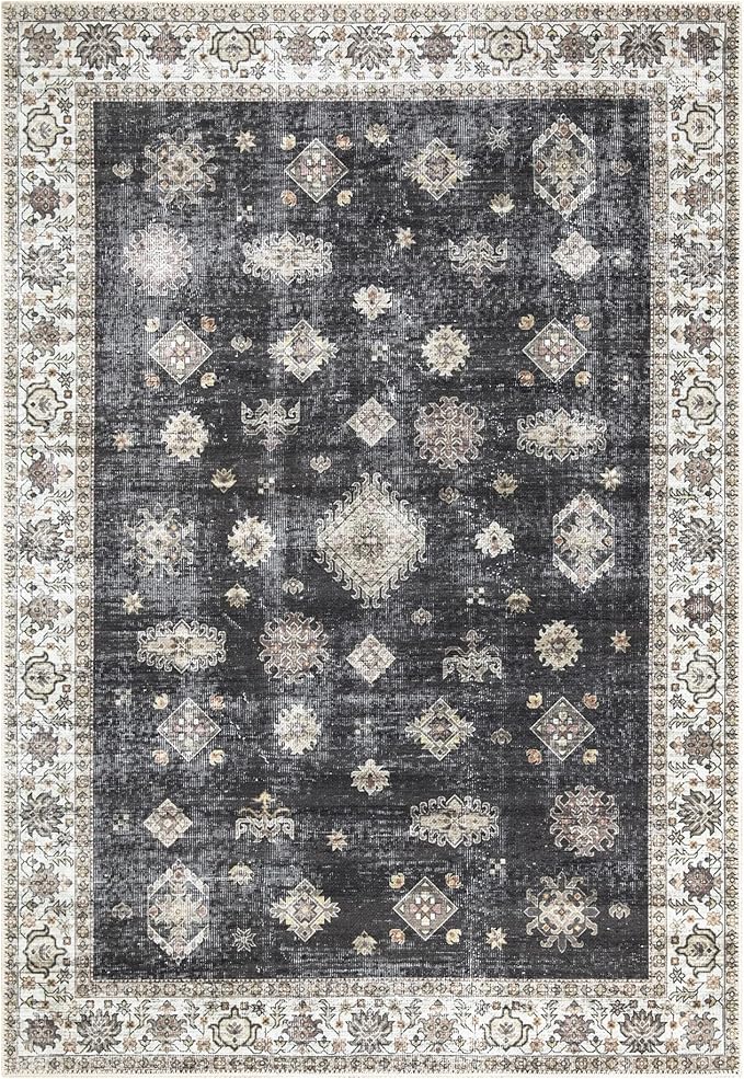 Bloom Rugs Washable Non-Slip 9' x 12' Rug - Black/Ivory Traditional Area Rug for Living Room, Bedroom, Dining Room, and Kitchen - Exact Size: 9' x 12'