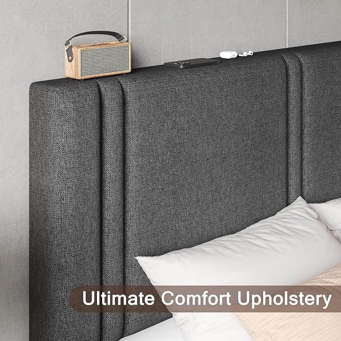 Upholstered Queen Size Bed Frame with Linen Fabric Headboard, Strong Wooden Slats Support, Noise Free, No Box Spring Needed, Dark Grey