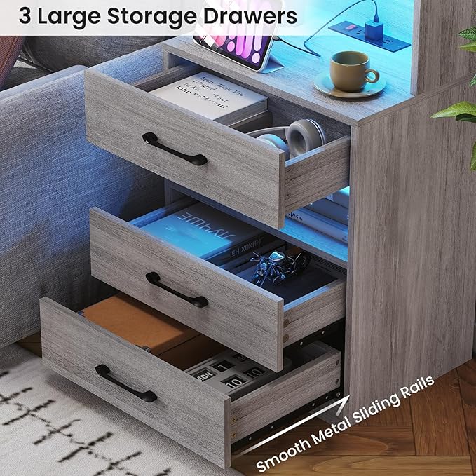 VIAGDO Tall Nightstand Set of 2 with Charging Station and LED Lights, Grey Night Stand Set 2 with Bookshelf, Modern LED Bedside Tables with 3 Drawers and Storage Shelves, Side Tables for Bedrooms