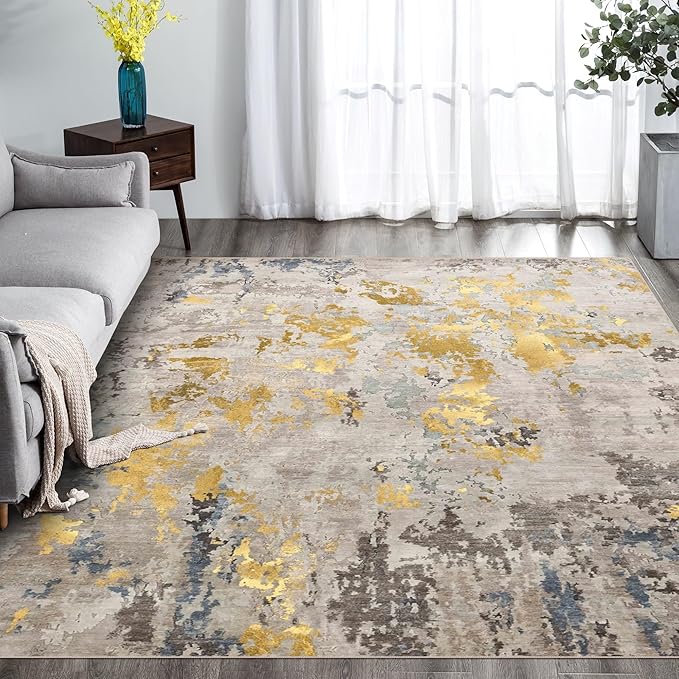 vivorug Washable Rug, Ultra Soft Area Rug 6x9, Non Slip Abstract Rug Carpet, Stain Resistant Rugs for Living Room Bedroom, Modern Fluffy Rug (Grey/Mustard, 6'x9')