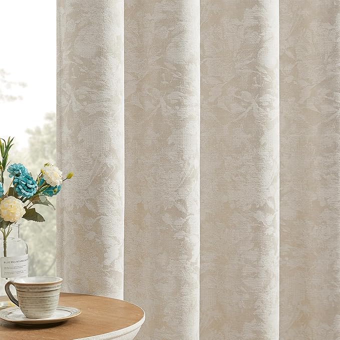 Beauoop Beige Floral Jacquard Blackout Curtains 90 Inches Long 2 Panels for Bedroom Living Room Taupe Flower Chenille Room Darkening Thermal Insulated Soundproof Grommet Window Treatments Drapes 52x90