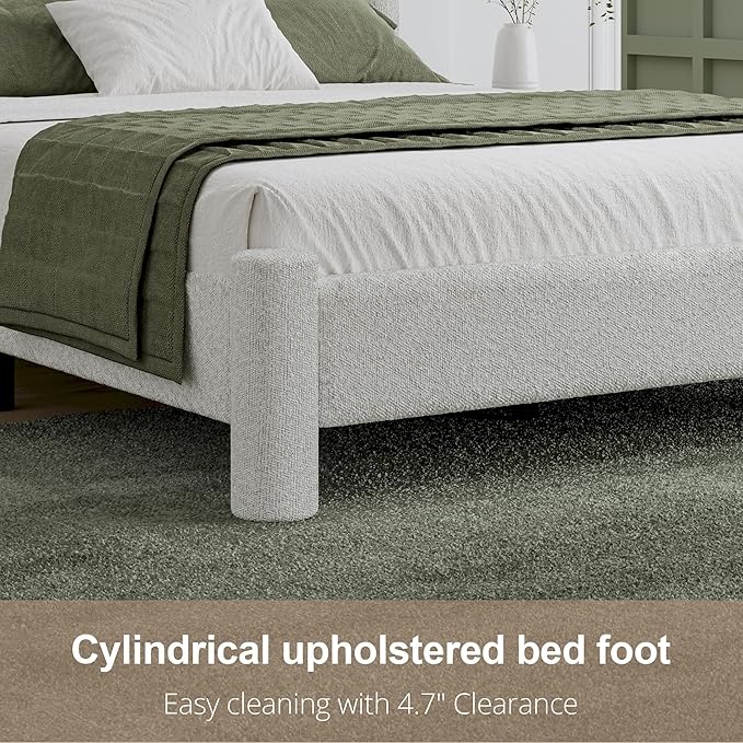 Full Size Bed Frame, Boucle Upholstered Platform Bed with Headboard and Footboard, Soft Rounded Corners, No Box Spring Required, Easy Assembly, White