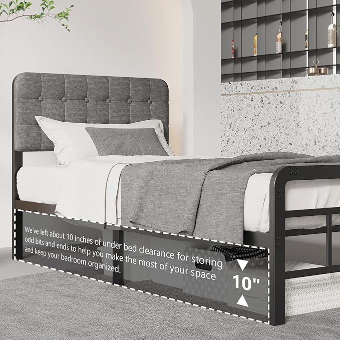 12 Inch Twin Bed Frames with Upholstered Headboard and Metal Footboard, No Box Spring Needed, Heavy Duty Twin Metal Mattress Foundation, Noise Free, Easy Assembly