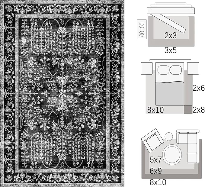 8x10 Area Rugs, Machine Washable Rugs for Living Room Modern Abstract Rug Soft Non-Skid Thin Carpet Indoor Floor Non-Shedding Carpets for Bedroom | Black