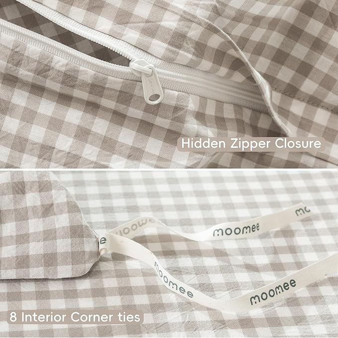 MooMee Gingham Duvet Cover Set 100% Washed Cotton Linen Like Textured Breathable Durable Soft Comfy Modern Checkered Design (Mini Gingham Tannish Linen Grey, Full 80"x90")