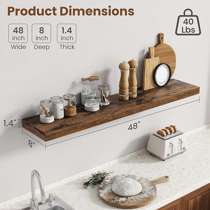 48 Inch Floating Shelves for Wall, 8 Inch Deep Floating Shelf for Storage & Display, Wall Mounted Shelf with Invisible Brackets for Living Room, Kitchen, Bathroom, Home Decor, Set of 2, Rustic Brown