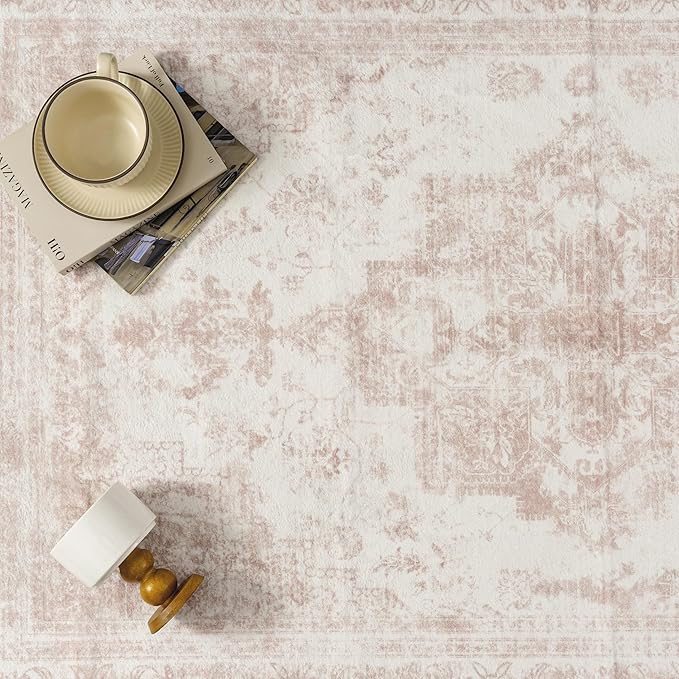 Washable Rug 6x9 Area Rug for Living Room Pink Vintage Boho Medallion Large Distressed Retro Carpet Non Slip Indoor Low Pile Small Soft Bedroom Dining Room Home Office