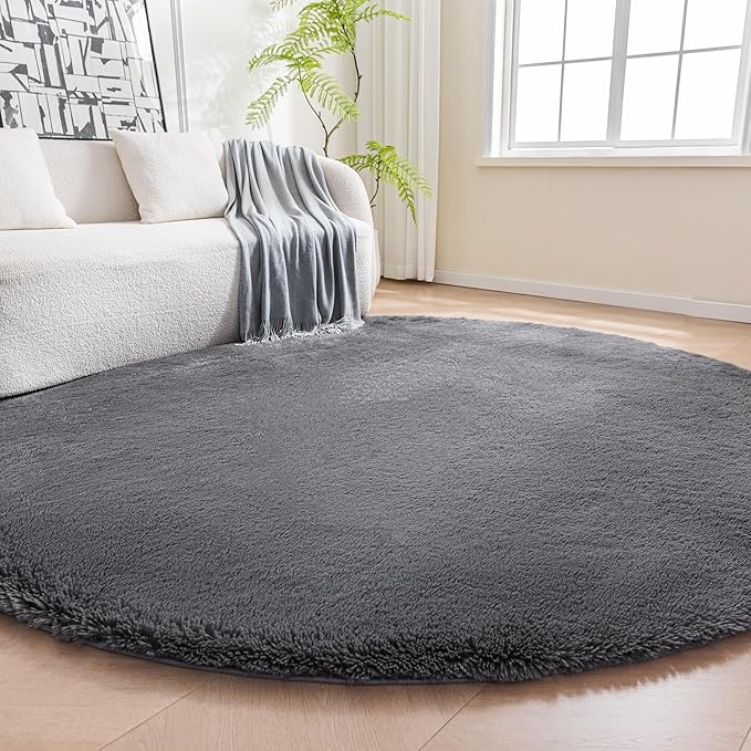 Amazon Basics Fluffy Washable Round Area Rug, Circle Shaggy Carpet for Living Room, Bedroom, Nursery, 8'R, Dark Gray
