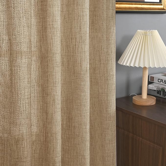 YoungsTex Burlap Linen Curtains 80 Inch Length for Living Room, Light Filtering Drapes Semi Sheer with Bronze Grommet Textured for Bedroom Dining Room Farmhouse Country, Toffee, 52 x 80 Inch, 2 Panels